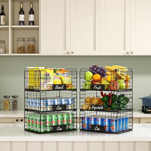 JKsmart 3 Pack XXL Stackable Wire Baskets with Handles for Pantry Storage and Organization, Fruit and Vegetable Basket with Name Plates, Metal Storage Bins for Snack Can Fruit Veggies, XXL - size: XXL-16.34"x12.01"x23.61"