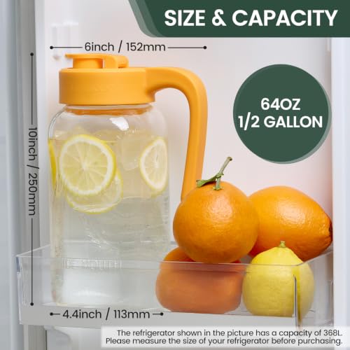 Mason Jar Pitcher - Airtight & Leakproof Glass Pitcher with Lid, Perfect for Breastmilk, Cold Brew, and Sun Tea, 2 Quart (64 oz) Mason Jar with Pour Spout Lid - color: Yellow