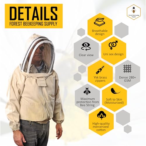 Bee Jacket with Veil - Natural Canvas Bee Suit Jacket with Elastic Waist & Cuffs, YKK Brass Zippers, 3 Utility Pockets. Removable Hood Interchangeable with Forest Beekeeping Suit. XL - size: X-Large