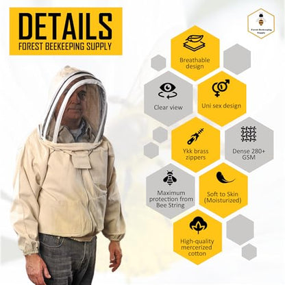 Bee Jacket with Veil - Natural Canvas Bee Suit Jacket with Elastic Waist & Cuffs, YKK Brass Zippers, 3 Utility Pockets. Removable Hood Interchangeable with Forest Beekeeping Suit.(Medium) - size: medium