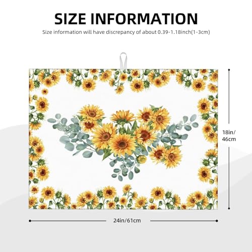 Sunflower Dish Drying Mat for Kitchen Counter 18 x 24 inch Yellow Sunflowers Dish Drainer Rack Mats with Hanging Loop Sunny Floral Wreath Dishes Drainer Pads Bright Blossoms Drying Pad - color: white yellow