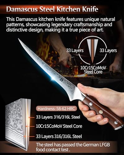 XINZUO 7 Inch Fillet Knife, Damascus Steel with 10Cr15MoV Core, Razor Sharp Boning Knife for Fish, Meat & Seafood, Rosewood Handle - size: 7"