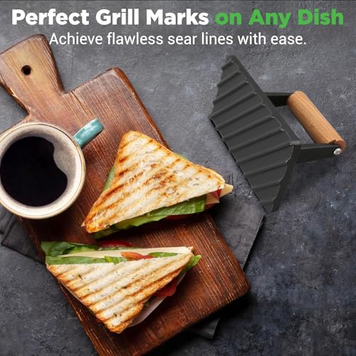 NutriChef Cast Iron Weight Grill Press – Heavy-Duty Griddle Press with Wooden Handle for Steak, Burgers, Bacon & Sandwiches, Creates Perfect Grill Marks