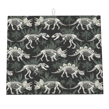Dinosaur Skeletons Botanical Dish Drying Mats for Kitchen Counter, Super Absorbent Microfiber Drainer Pad, Washable Reversible Appliance Protector, Everyday Kitchen Must-Have, 16x18 Inch - color: Dinosaur Skeletons Botanical
