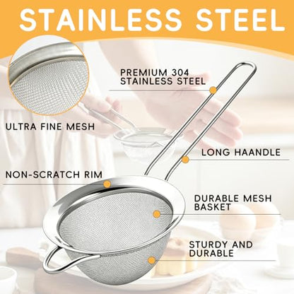 3-Piece Stainless Steel Mesh Strainer Set Small/Med/Large Fine Mesh Kitchen Sifters w/Handles – Silver, for Sifting/Straining/Cooking