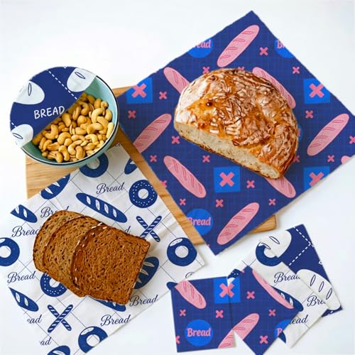 Reusable Beeswax Wraps, Blue & White Bread Bakery Wraps, 9 Pack Eco-Friendly Food Covers, Organic, Sustainable, Zero Waste, Plastic-Free, For Sandwich, Snack, Bowl, 1XL, 3M, 5S - color: Blue Bread