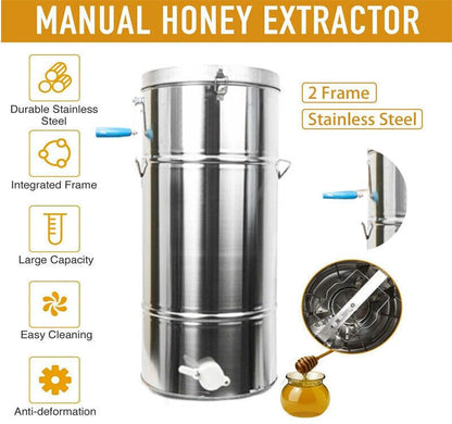 Honey Extractor Separator, 2-Frame Stainless Steel Honey Extractor Manual Honey Extractor Honey Drum Spinner, Beekeeping Extraction Apiary Centrifuge Equipment