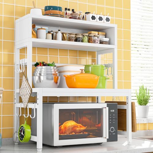 EnHomee 4-Tier Microwave Stand for Kitchen Storage, White | 205 lb Capacity, Adjustable Kitchen Shelves with 9 Hooks & Cutting Board Rack - color: White
