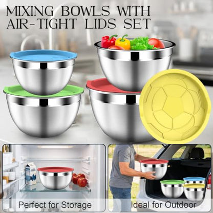 DUTZUN Colorful Mixing Bowls with Strainer, Mixing Bowl with Lids Set, Stainless Steel Mixing Bowls, Kitchen Gadgets Salad Bowls with Strainer for Mixing & Preping & Serving - style: 9PCS Multicolor