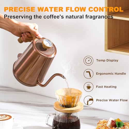 Nueve&Five Electric Gooseneck Kettle with Thermometer, 1.0L Pour Over Hot Water Kettle for Coffee and Tea, 1000W, Auto Shutoff, Boil-Dry Protection,Copper - color: COPPER