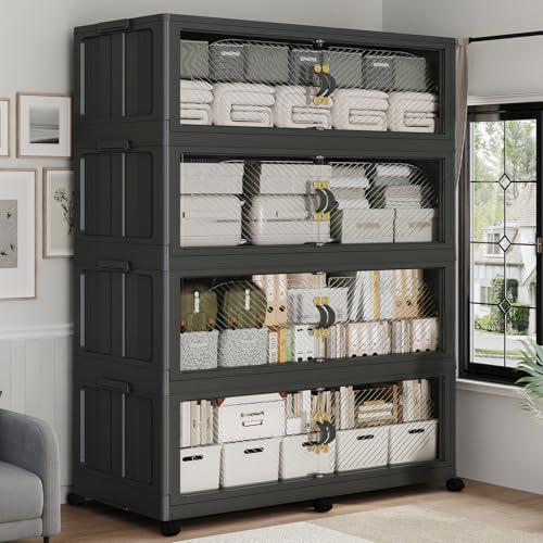 960QT Extra Large Stackable Storage Bins with Lid & Wheels & Doors, 240Gal Foldable Collapsible Closet Organizers, Plastic Cabinet Box Container Drawer for Home Kitchen Bedroom, 4Pack Black - color: Black, size: 240QT-4Pack