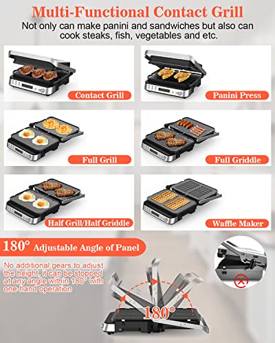 CATTLEMAN Panini Press Grill Sandwich Maker with Removable Plates, 1600W, 6 in 1 Indoor Grill with Meat Thermometer, Electric Contact Grills for Kitchen, Stainless Steel - color: Silver with Waffle Plates