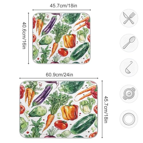 Scribble Vegetable Pattern Dish Drying Mat, Absorbent Heat Resistant, 16 x 18 inch Dish Drainer for Kitchen Countertop, Dining Table