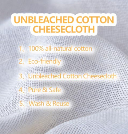 10-Pack 20x20 Inch Unbleached Cotton Cheesecloth – Reusable Muslin Straining Cloth for Yogurt, Nut Milk, Fruit Juice, Cooking Turkey & Cheese Making