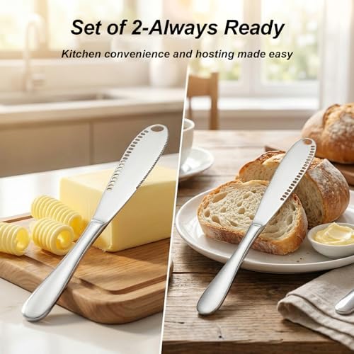 2PCS Upgraded 3-in-1 Butter Knife Spreader and Curler,Professional Stainless Steel Butter Grater for Cold Butter, 8.07 Inch Butter Slicer with Holes for Bread Cheese Jam, Silver