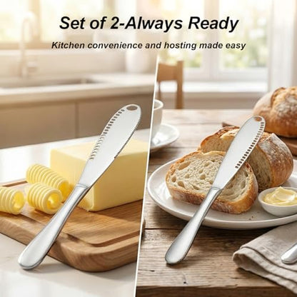 2PCS Upgraded 3-in-1 Butter Knife Spreader and Curler,Professional Stainless Steel Butter Grater for Cold Butter, 8.07 Inch Butter Slicer with Holes for Bread Cheese Jam, Silver