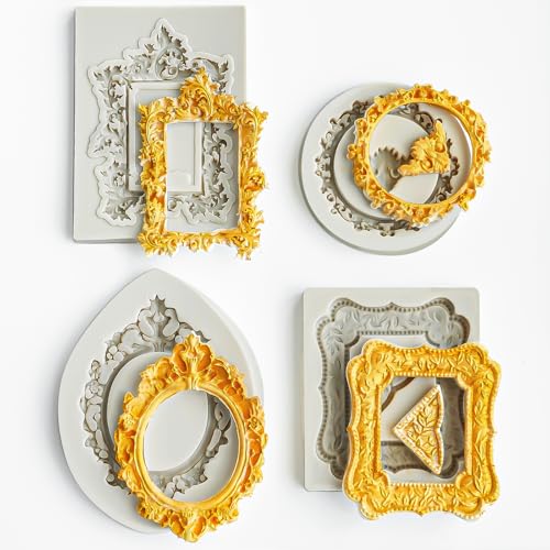 HKNMTT Picture Frame Molds Silicone Baroque Vintage for Fondant Candy Clay Covered Oreo Cake Photo Decorating Cupcake Toppers, 4 Shaped Round Square Frame Moulds Craft DIY Supplies Set - style: Pictrue Frame - 4PCS
