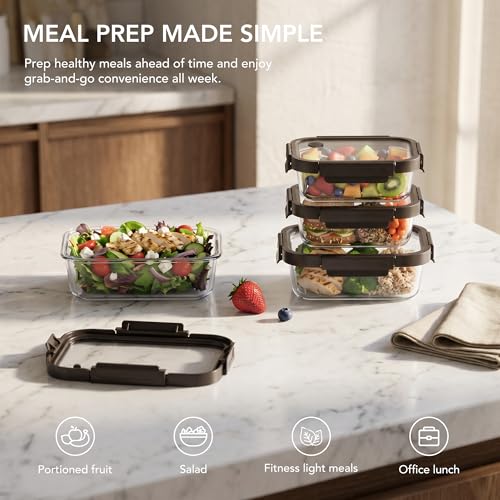 GENICOOK Glass Meal Prep Containers with Glass Lids, 4 Pack Airtight Glass Food Storage Containers, Borosilicate Glass Lunch Containers for Healthy Meal Prep, Microwave Oven Dishwasher Safe, BPA Free - color: black