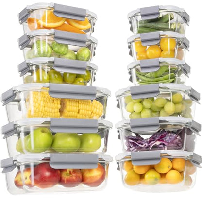 S SALIENT 24 Pieces Glass Food Storage Containers with Lids,Glass Meal Prep Containers Set with Locking Lid,Airtight Glass Lunch Container for Kitchen,BPA Free(12 Lids & 12 Containers) - color: Gray