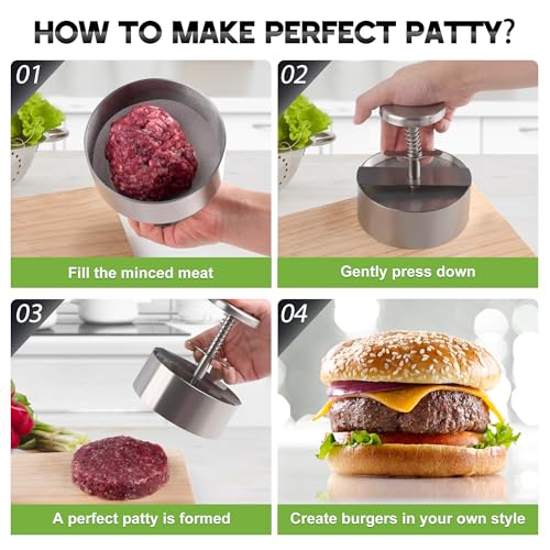 Burger Press, Adjustable Hamburger Prees Patty Maker 4.52" - Non-Stick Mold and Spring Button 304 Stainless Steel Burger Patty Press Making Patties for Beef, Vegetables, Meat, BBQ, Party Grill