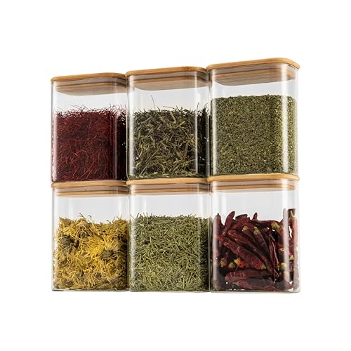 D2scrma 37oz Rectangle Airtight Glass Storage Containers with Bamboo Lids (Set of 6), Square Food Storage Jar, Pantry Organizers for Cereal, Nuts, Snacks and Coffee beans (‎with Black Lable)