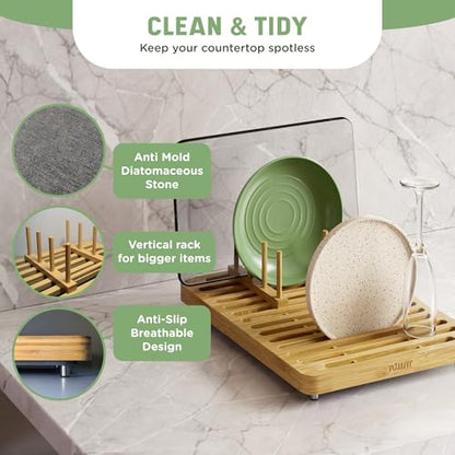 NIUM Stone Drying Mat for Kitchen Counter & Bamboo Rack - 16″x12″ - Diatomaceous Earth Dish drying mat Ultra Absorbent & Fast Drying - EcoFriendly with Non-Slip Pads & Anti-Moisture Design - color: Light Bamboo