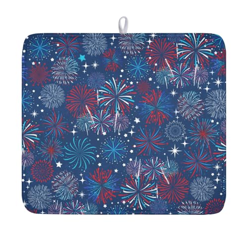4th of July Patriotic Dish Drying Mat for Kitchen Counter 16 x 18 Inch Independence Day Dish Drainer Mat Absorbent Microfiber Firework Dish Rack Pad for Coffee Dining Bar Decor - color: Blue, size: 16" x 18"