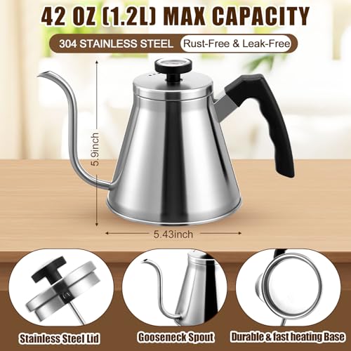 2 Pack 40 oz Gooseneck Kettle with Thermometer Stainless Steel Pour over Coffee Kettle Precision Drip Spout for Stovetop Home Kitchen Camping(Black and Silver) - color: Black and Sliver