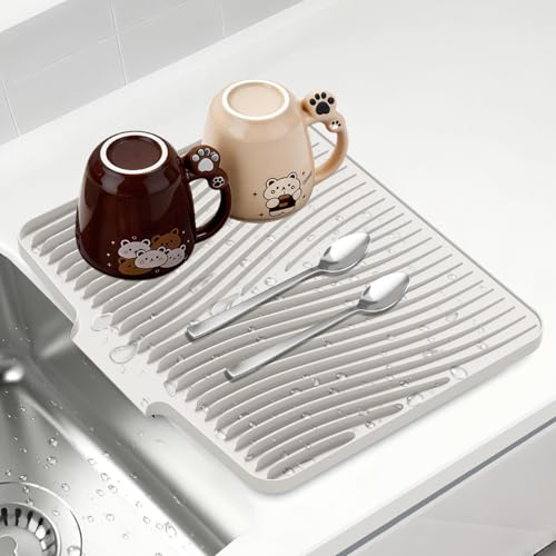 Silicone Dish Drying Mat for Kitchen counter, 19.7"x17" Extra Large Non-Slip Drain Pad with Built-in Drainage, Heat Resistant Dishwasher Safe, Cream - color: Cream, size: 19.7" x 17"