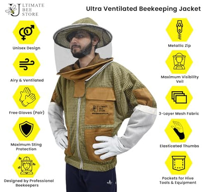 Ultra Ventilated Bee Jacket Beekeepers 3 Layer Beekeeping Jacket Sting Resistant Apiarist Jacket for Men & Women with Pair of Gloves (Khaki Round Veil, XL) - color: Khaki Round Veil, size: X-Large