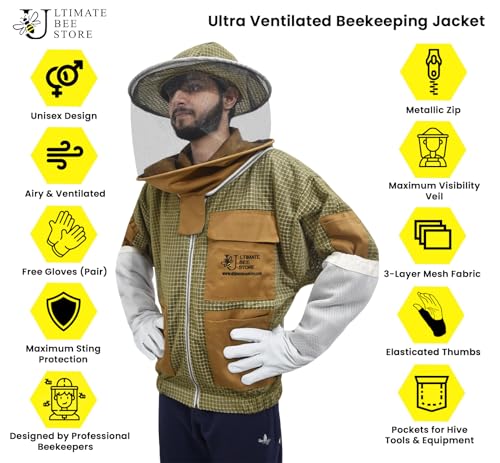 Ultra Ventilated Bee Jacket Beekeepers 3 Layer Beekeeping Jacket Sting Resistant Apiarist Jacket for Men & Women with Pair of Gloves (Khaki Round Veil, 5XL) - color: Khaki Round Veil, size: 5X-Large