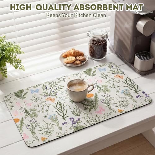 LemonRoad Dish Drying Mat for Kitchen Counter, 12"x20" Absorbent Coffee Bar Mat with Spring Floral Design, Fast-dry Diatomite Drainer Drying Mats with Non-slip Backing for Kitchen Sink Countertop - style: Floral Pattern