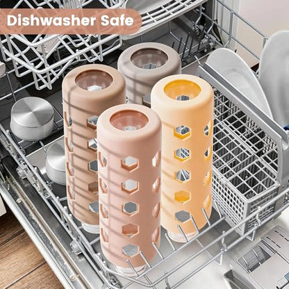 Mrsdry Glass Juice Bottles with Lids and Silicone Sleeves 18 oz, 4-Pack Reusable Clear Glass Water Bottles with Stainless Steel Airtight Cap for Juicing, Refrigerator, BPA Free Leak-Proof Drinking Jar - color: Apricot