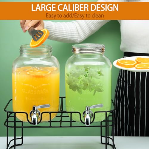 1 Gallon Glass Drink Dispensers for Parties, 2PACK Beverage Dispenser with Stand, Ice Cylinder and Stainless Steel Spigot 100% Leakproof, Beverage Dispenser for Lemonade Sun Tea - size: 1 Gallon Double with Stand