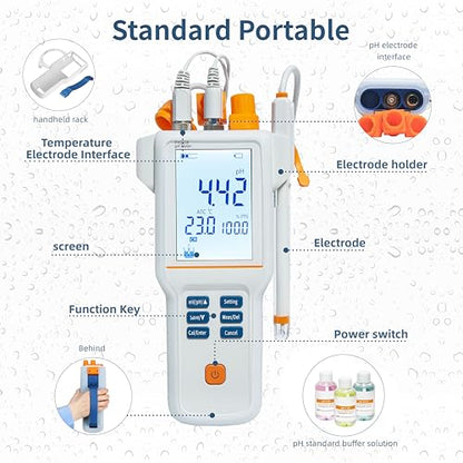 PH210E pH Tester Digital for Water Tester for Drinking Water IP65 Waterproof Portable pH Meter ±0.01pH Accuracy ATC Auto-Hold 200 Sets Memory for Pool Aquarium Lab - style: Standard Portable Model