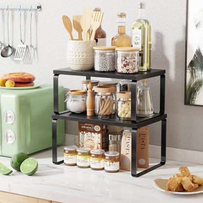Simple Trending Cabinet Organizer Shelf, Set of 2 Stackable Kitchen Counter Shelves, Expandable Spice Rack Kitchen Storage Riser, Metal Engineered Wood, Black - color: Black