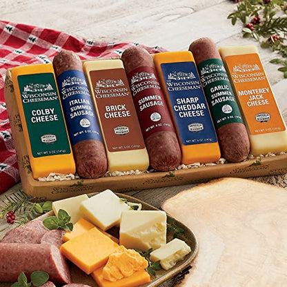 Wisconsin Cheeseman Meat & Cheese Combo Gift Basket Set | Italian, Original & Garlic Summer Sausages, Colby, Brick, Sharp Cheddar & Monterey, Charcuterie Boards Fathers Day
