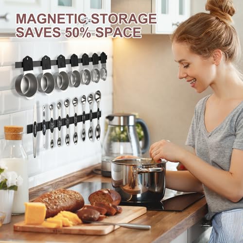 16-Piece Stainless Steel Measuring Cups and Spoons Set, Strong Magnetic Nesting Design 7 Cups 8 Spoons with Leveler, Double Measurement Markings for Dry & Liquid Ingredients, Black - color: 16-Piece Black