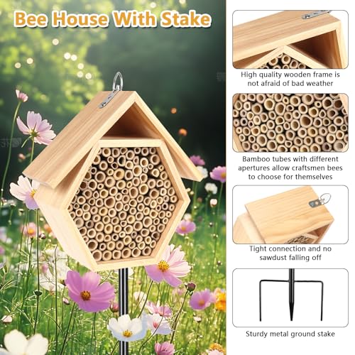 Mason Bee House for Garden, Natural Wooden Bee Habitat with Metal Ground Stake, Attracts Pollinators, Improve Garden Productivity, Outdoor Decoration
