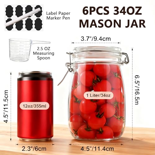 6PCS Glass Jars with Airtight Lid, 34 OZ Mason Jars Wide Mouth, Glass Pickling Jars for Canning & Fermenting, Mason Storage Container for Coffee, Flour, Sugar, Pasta - color: 32OZ-6PCS Round