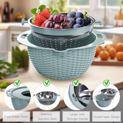 4-1 Strainer with Bowl & Spoons Set - Strainers and Colanders(Patented) - Colanders for kitchen - Food Strainer with New Upgraded Graters & Spoons - Fruit Bowl for Pasta Fruits Veggie- Blue - color: Blue
