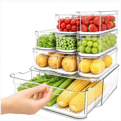 SMRCAD 8 Pack Clear Fridge Organizer Bins with Drain Trays - Stackable | BPA-Free PET, 8 Pack: 1 Drawer + 7 lidded Bins, Helps Keep Produce Fresh, 18.3L Capacity, Hand Wash Only - size: 8 Bins (Include Pull Out Drawer)