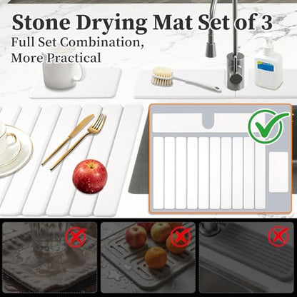 Diatomaceous Stone Drying Mat for Kitchen Counter with Sink Faucet Mat, White Absorbent Quick Dry Dish Drying Mat Set, Diatomite Stone Slat Countertop Pad for Dishes, Cups - color: White