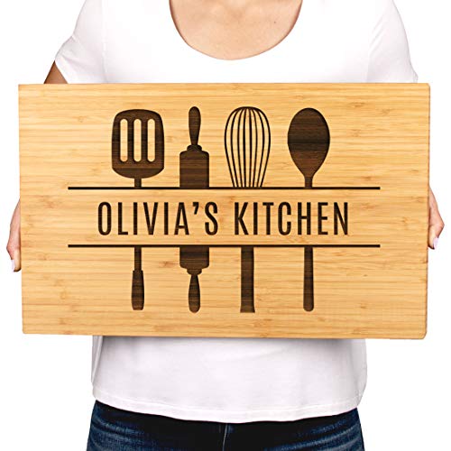 Andaz Press Personalized Large Bamboo Wood Cutting Board Gift, 17.75 x 11-inch, Olivia's Kitchen, Utensils Graphic, 1-Pack, Custom Laser Engraved Serving Chopping Board - color: Custom Name
