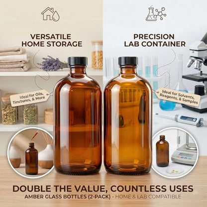 2pack 16oz amber Glass Bottles with Reusable Lids (2 Pack),Lab Bottles & Jars Reagent Bottles,Perfect Glass Containers for Secondary Fermentation,Storing condiment, Homemade Essential Oils (16 Ounce)