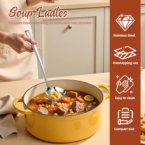 Kichvoe Square Stainless Steel Soup Ladle with Hanging Corrosion Resistant Cooking Spoon for Stirring and Serving Soups Hot Pot and Stews in Home Professional Kitchens