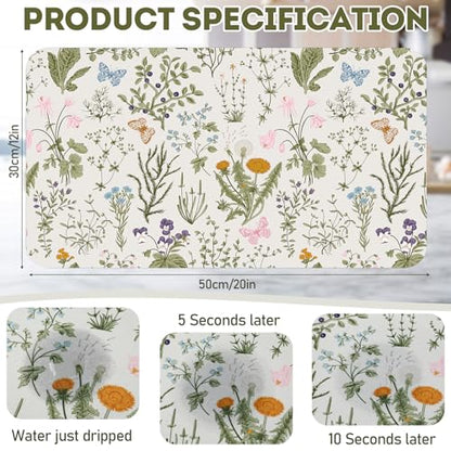 LemonRoad Dish Drying Mat for Kitchen Counter, 12"x20" Absorbent Coffee Bar Mat with Spring Floral Design, Fast-dry Diatomite Drainer Drying Mats with Non-slip Backing for Kitchen Sink Countertop - style: Floral Pattern