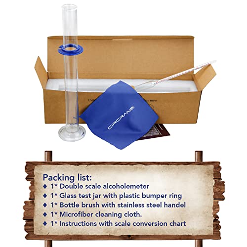 Circrane 0-200 Proof & Tralle Alcohol Hydrometer with Glass Test Jar Kit, Accurate Tester & Glass Cylinder for Liquor, Distilling Moonshine Alcoholmeter Set - style: 0-200 Brewing Kit
