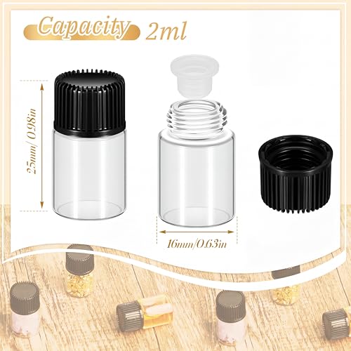 Lallisa 100 Pcs 2 ml Glass Vials with Black Screw Caps and Plastic Stoppers, 1/2 Dram Clear Small Leakproof Bottles Bulk, Mini Liquid Sample Vials for Essential Oils, Sample, DIY Craft - color: Clear with Black Cap, size: 2 ml