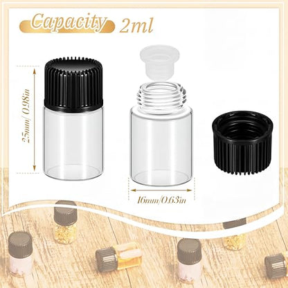 Lallisa 100 Pcs 2 ml Glass Vials with Black Screw Caps and Plastic Stoppers, 1/2 Dram Clear Small Leakproof Bottles Bulk, Mini Liquid Sample Vials for Essential Oils, Sample, DIY Craft - color: Clear with Black Cap, size: 2 ml